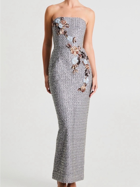 Helsi Dresses & Skirts - HELSI Silvia Floral Sequin Strapless Cocktail Silver Dress